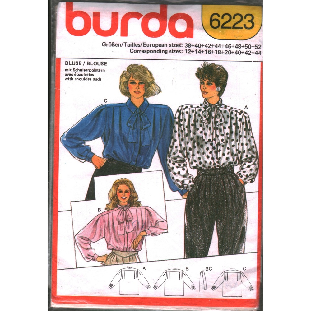 Vintage‎ Burda 6223 Blouse Sewing Pattern Bow Tie Neck Shoulder Pads Sizes 12-44